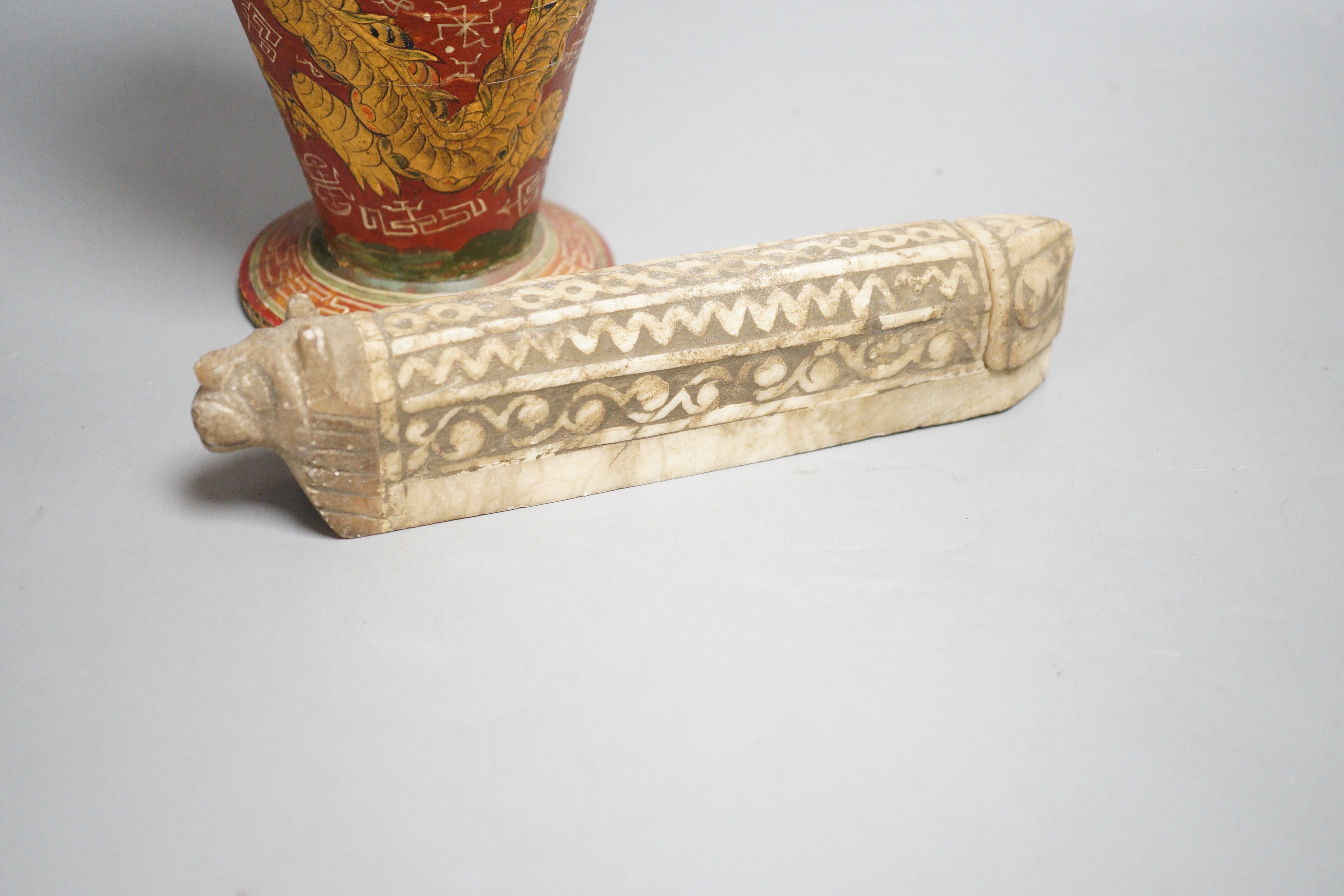 Am Islamic alabaster scribes box, a lacquered brass vase and a Persian knife, tallest 24cm
